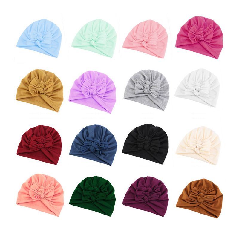 Children's soft knitted solid color hat with bow