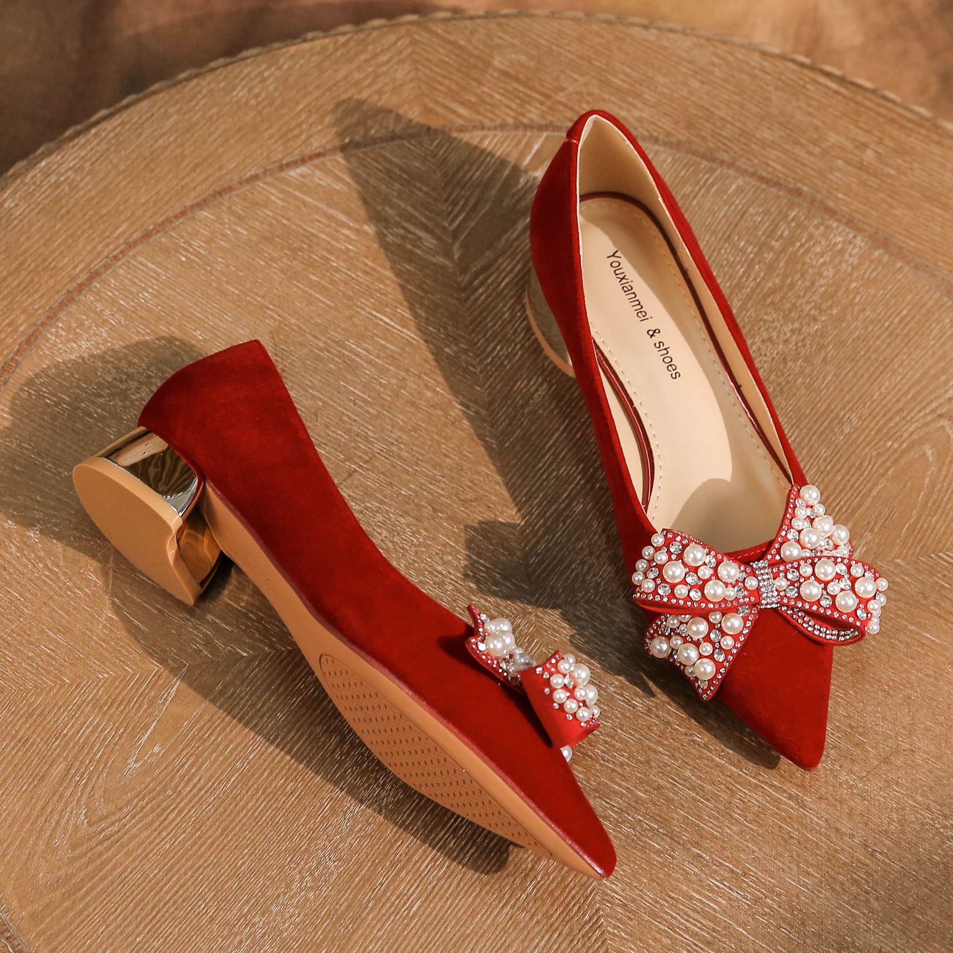 3333H-017 Chunky Heel Suède Rode Hoge Hakken Met Strik Voor Banket Bruiloft Comfortabele En Gemakkelijk Te Dragen Damesschoenen_voghion.com