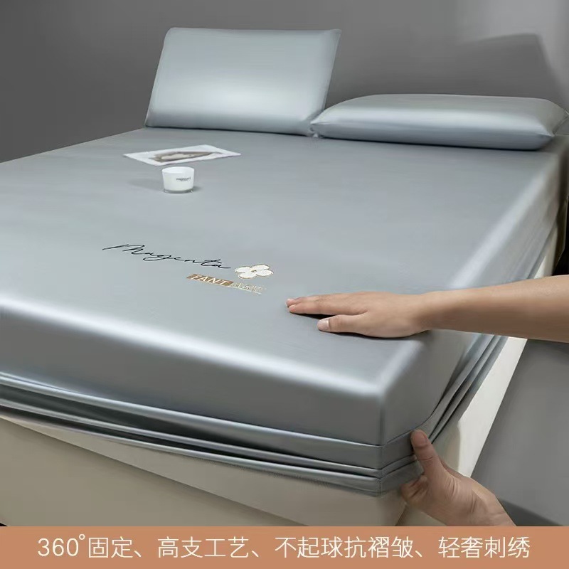 High-End Embroidered Long-Staple Cotton Satin Fitted Sheet, Pure Cotton Mattress Protector, High-Count Anti-Mite Bed Cover, Universal for All Seasons