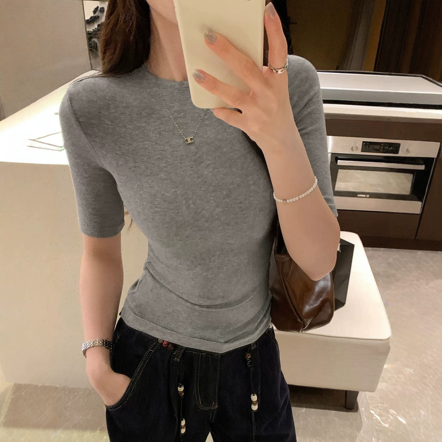 American-Style Spicy Girl Black New Slim-Fit Basic Round-Neck Mid-Sleeve Waist-Cinching Regular Shoulder T-Shirt Women's Top