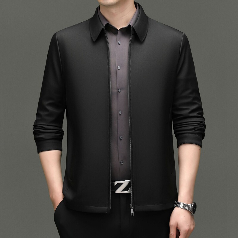 High-End Spring and Autumn Thin Men's Silk Jacket for Middle-Aged and Elderly Dads, Lapel Coat, Business Casual Top
