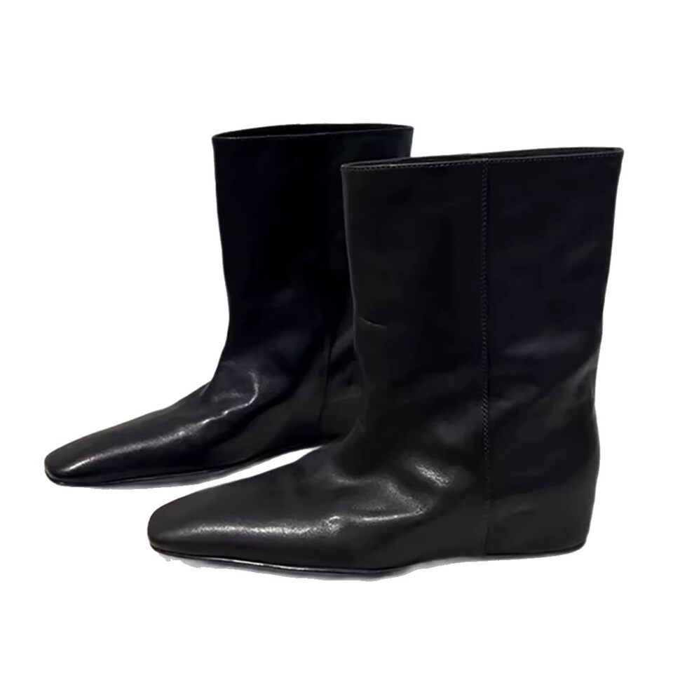 Bốt cổ ngắn nữ da bò mũi vuông độn đế kiểu xỏ chân, bốt Chelsea cổ lửng gót 3–5 cm — màu đen, Đen (lót nhung)