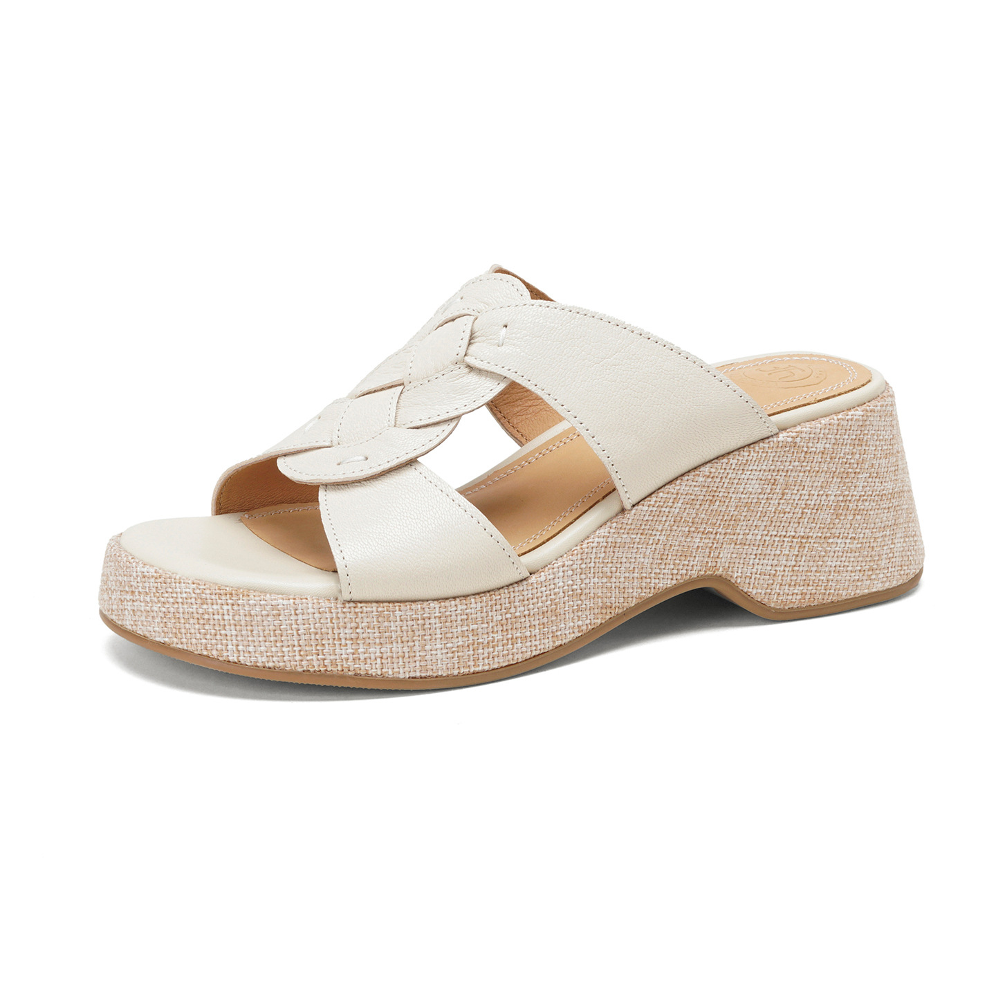 Sandal nữ da cừu gót xuồng hở mũi phong cách vintage — màu trắng ngà