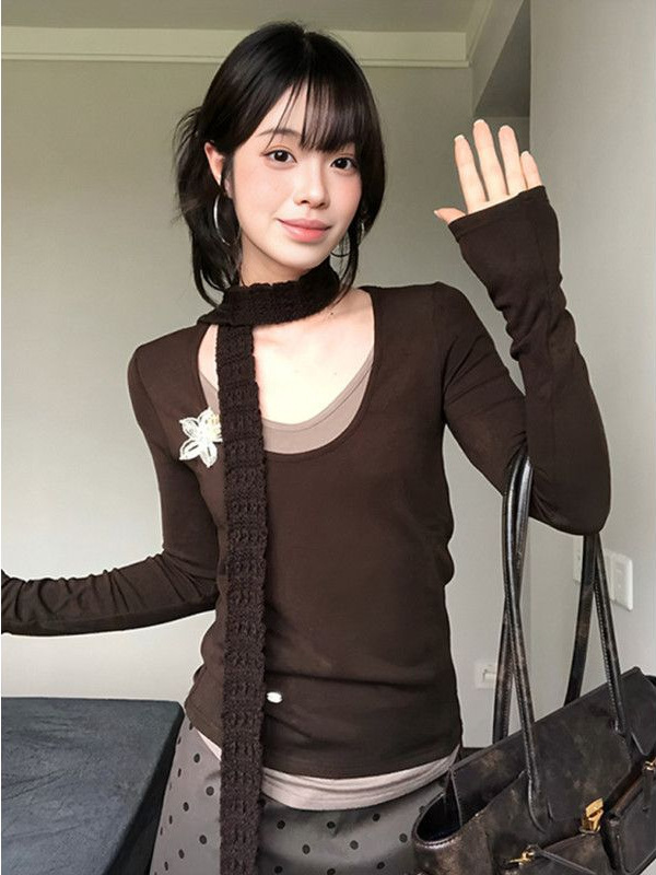 韩系慵懒假两件U领长袖T恤女秋季修身显瘦别致撞色拼接打底衫上衣|undefined