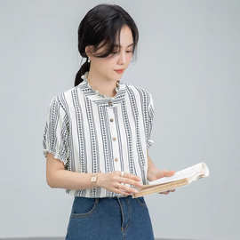 2025夏季教师通勤衬衫女宽松简约条纹衬衣法式设计感立领短袖衬衫