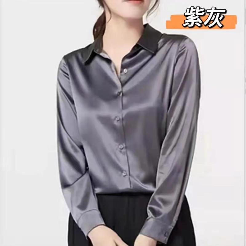 醋酸缎面衬衣女职业装春夏复古港味风设计感小众长袖衬衣白色|undefined