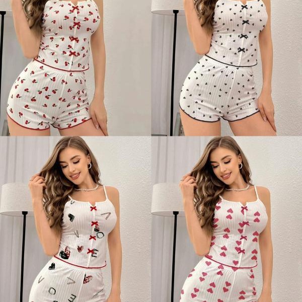 亞馬遜歐美新款性感網紗拼接 印花睡衣兩件套女士家居服睡衣