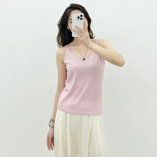 Mulberry silk fine wool Korean style organza splicing V-neck loose bottoming sling solid color scheming vest for women summer