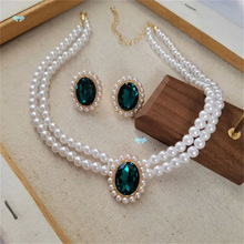 Vintage Double Layer Pearl Necklace Emerald Pearl Earrings C