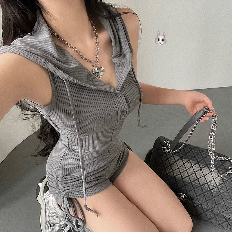 Younggirlday European and American Style Hot Girl Hooded Drawstring Slim-Fit Sleeveless Backless Drawstring Ruched Jumpsuit Shorts Younggirlday European and American Style Hot Girl Hooded Drawstring Slim-Fit Sleeveless Backless Drawstring Ruched Jumpsuit Shorts