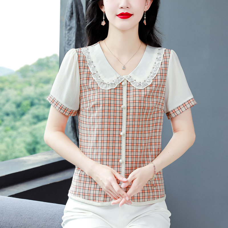 Thin Cotton Linen Plaid Chiffon Short-sleeved Shirt Summer 2024 New Style Breathable Women's Elegant Top Single-breasted