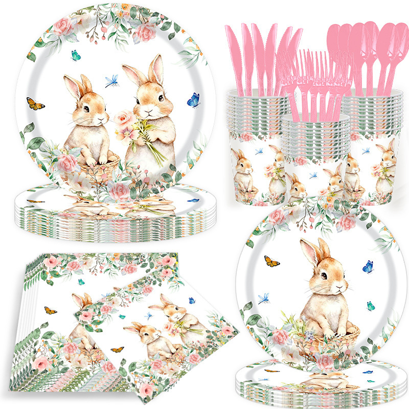 New Easter Theme Party Tableware Set Spring Flower Rabbit Disposable Party Paper Plate Paper Cup Paper Towel