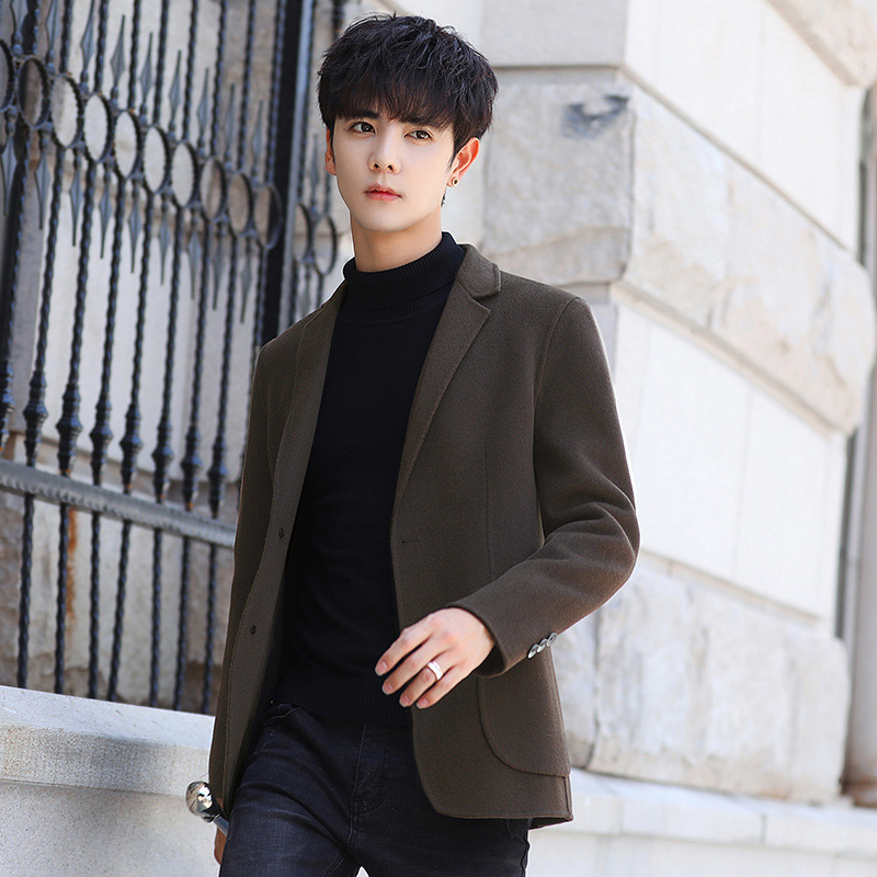 SM202 Men's wool coat Men's short slim-fit Korean Winter black jacket with thick lapels cashmere coat