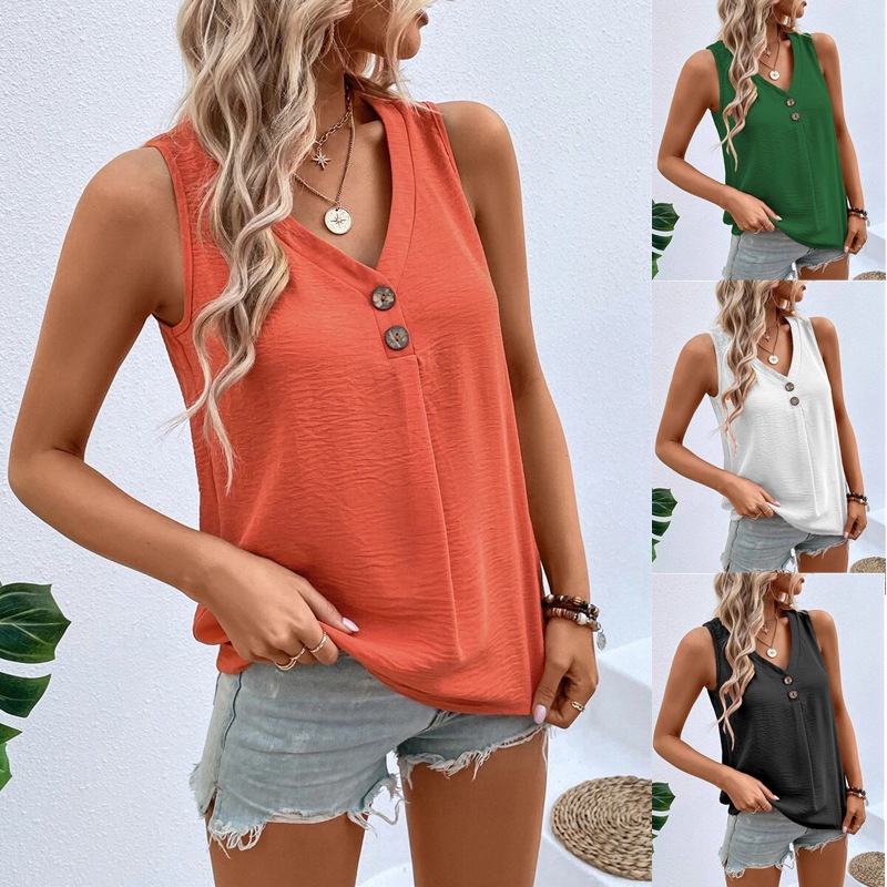 Camiseta sin mangas con cuello en V y botones para mujer, estilo casual y holgado, ideal para el verano 2026, de la colección transfronteriza europea y americana de Amazon.