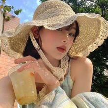 法式草帽女2024夏季新款透气蕾丝花边镂空防晒帽海边帽子遮阳帽子