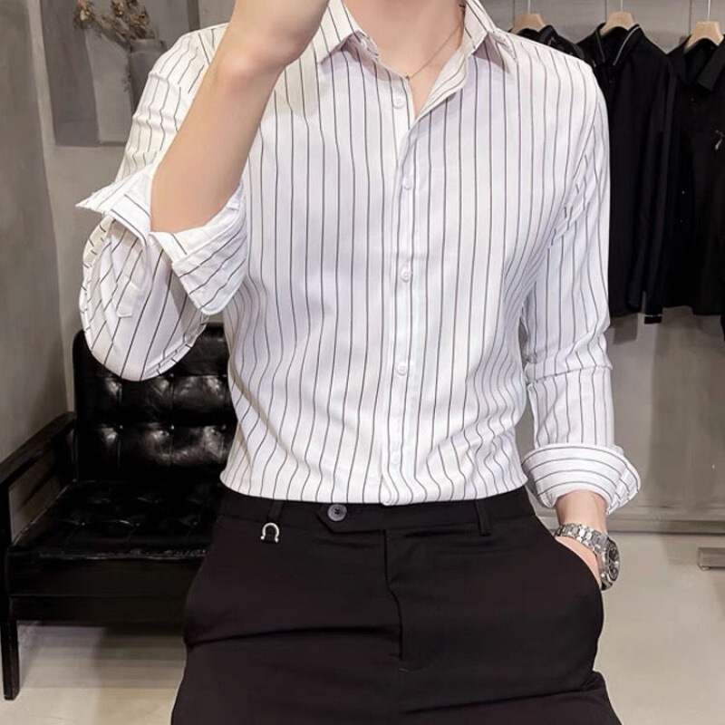 Men's Business Casual Non-Ironing Dress Shirt Men's Long-Sleeved Slim-Fit Spring and Autumn High-end Feeling Ripper Handsome Striped Shirt Elastic