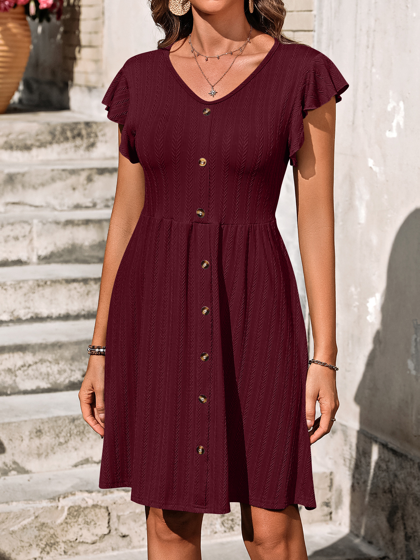 Women's Regular Dress Simple Style V Neck Button Short Sleeve Solid Color Midi Dress Holiday Daily display picture 20