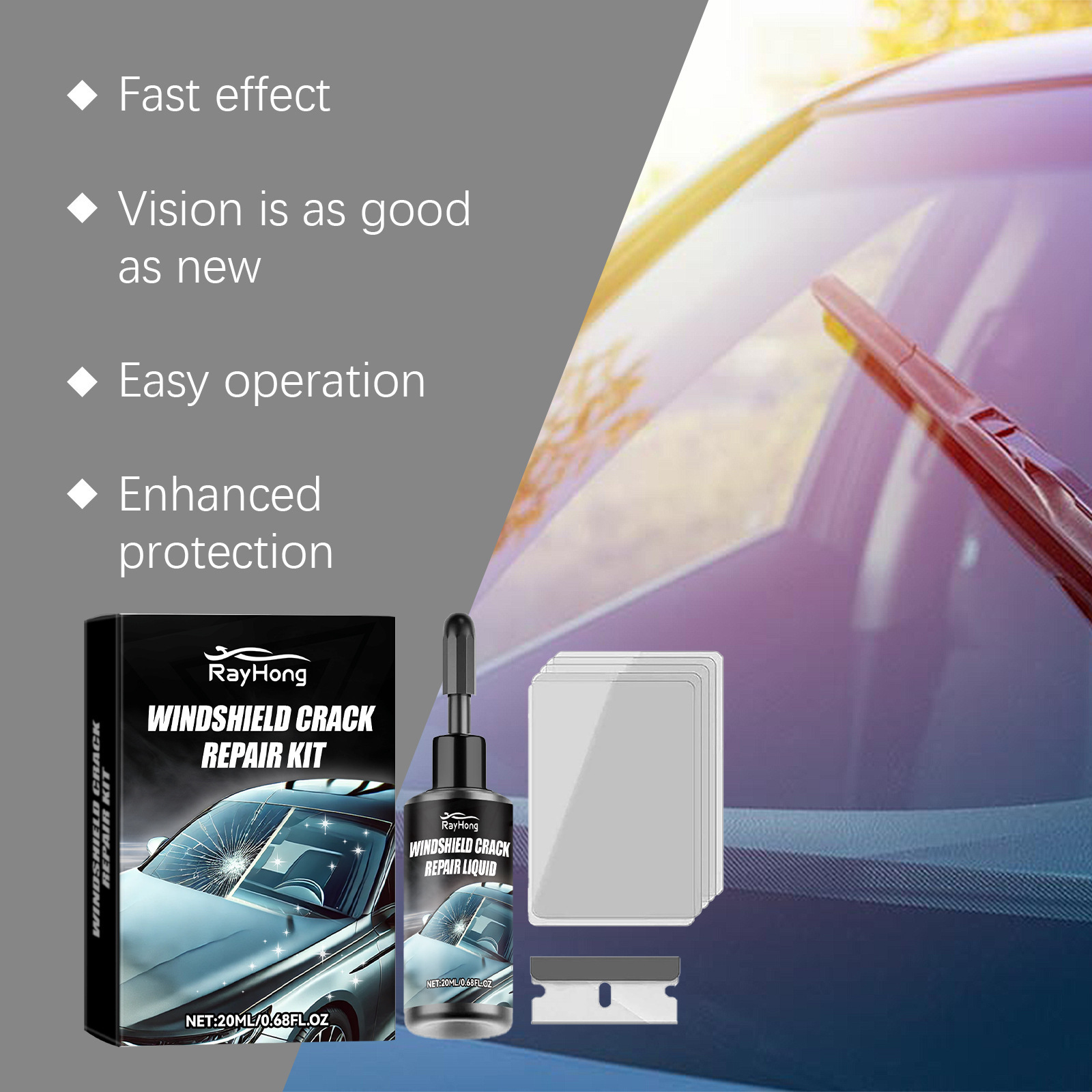 Rayhong Windshield Anti-Crack Care Kit Clear Vision Travel Car Refurbishment Kit