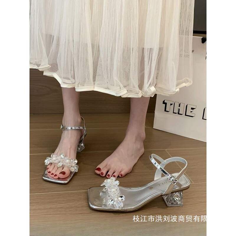 Plus Size Sandals for Women 41-43 Wide Fat Feet Fashionable Rhinestone One-Piece Silver Thick Heel Crystal High Heels for Women Summer