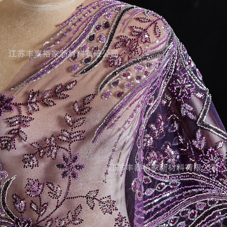 Tejido bordado de tubo de cuentas, tela de bordado de malla púrpura, flor, sequin, cuentas, tela de bordado de malla flor, vestido de noche image 4