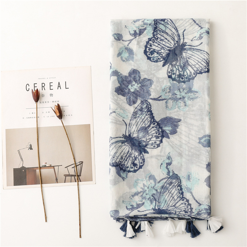 Simple Fashion Scarf Ladies Rendering Ink Painting Blue Butterfly Tassel Scarf Shawl display picture 1