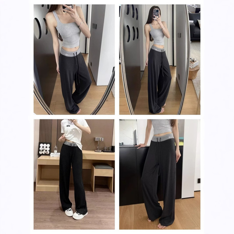 2025 Autumn Alo Wide-Leg Pants Color-Block Casual Long Pants Lazy Loose Drawstring Knit Drape Comfortable Skin-Friendly