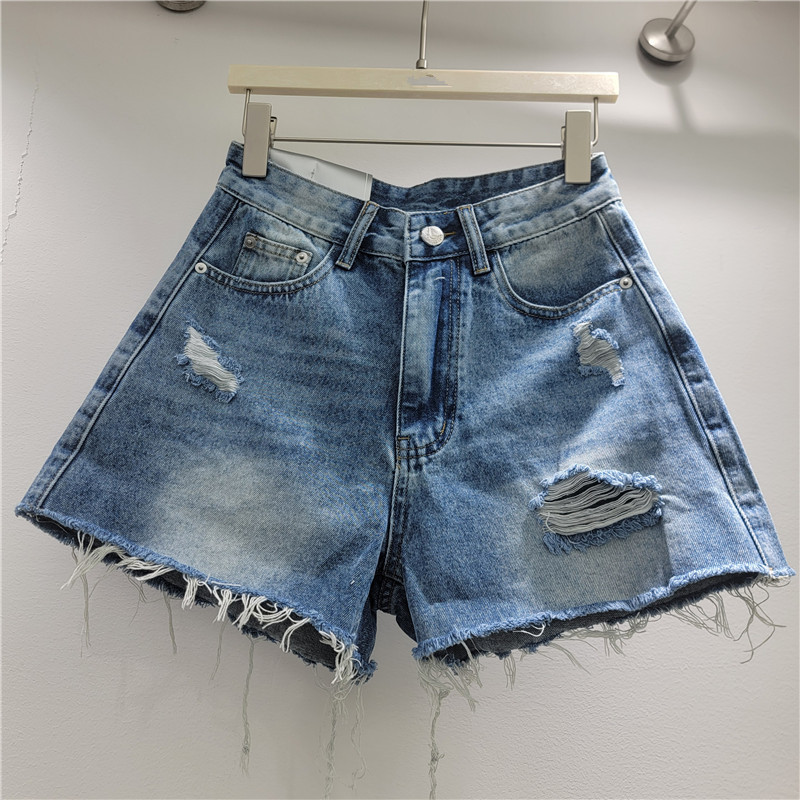 Pantalones Cortos de Mezclilla de Tiro Alto con Agujeros para Uso Casual