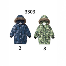 工厂直销跨境专供冬季男童迷彩加厚保暖毛领连帽螺纹袖中长款棉衣