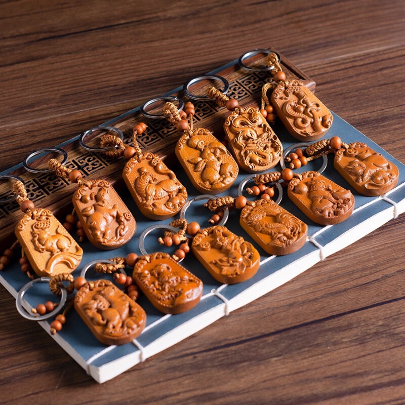 Real Peach Wood Zodiac Keychain Mouse Ox Tiger Rabbit Dragon Snake Horse Sheep Monkey Chicken Dog Pig This Year Pendant Small Gift