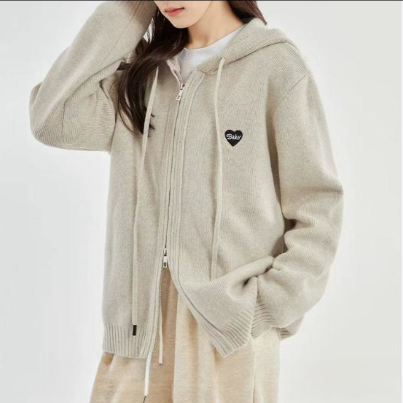 Mozao Gray Hooded Knitted Cardigan Jacket for Women 2025 Autum New Loose Sports Casual Top