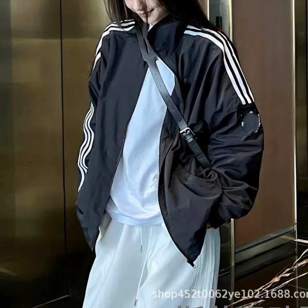 26 Three Stripes Unisex Spring Stand Collar Jacket Coat Windproof Loose Sports Casual Windbreaker JI7534