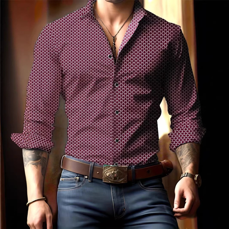 Cross-Border Foreign Trade Amazon Hot-Selling Trendy Men's Long-Sleeve Collared Shirt with Creative Elements and 3D Digital Print Men's Clothing