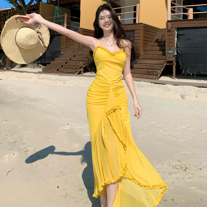 High-End Suspender Slim Fit Asymmetrical Slit Long Skirt Pastoral Holiday Birthday Dinner Mini Dress Dress