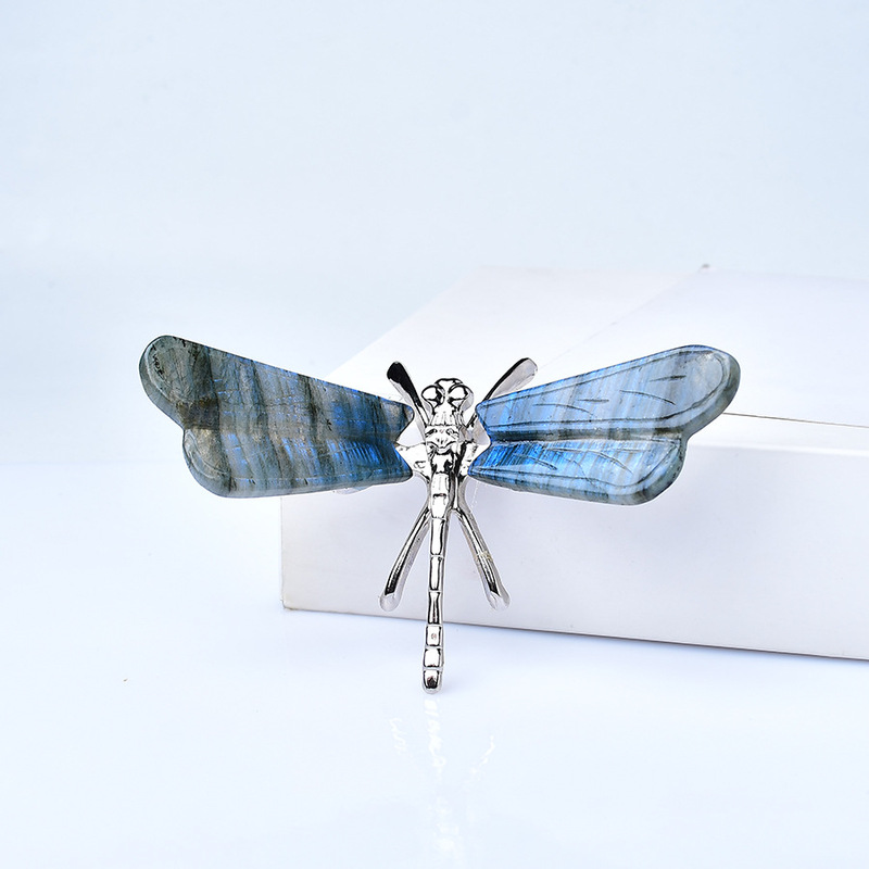 Natural Labrador Stone Dragonfly Statue Rainbow Random Crystal Carving Gem Crafts Home Decoration Gift