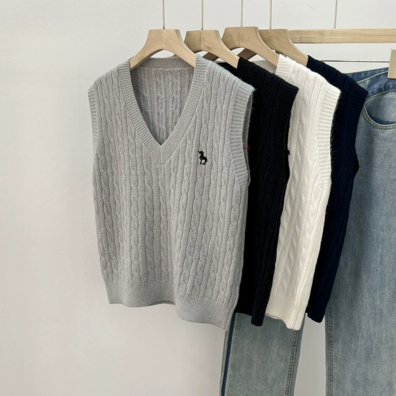 Японский маленький вышитый свитер с V-образным вырезом, женский осенний свитер в сложенном виде, свободный свитер без рукавов, внешний верх