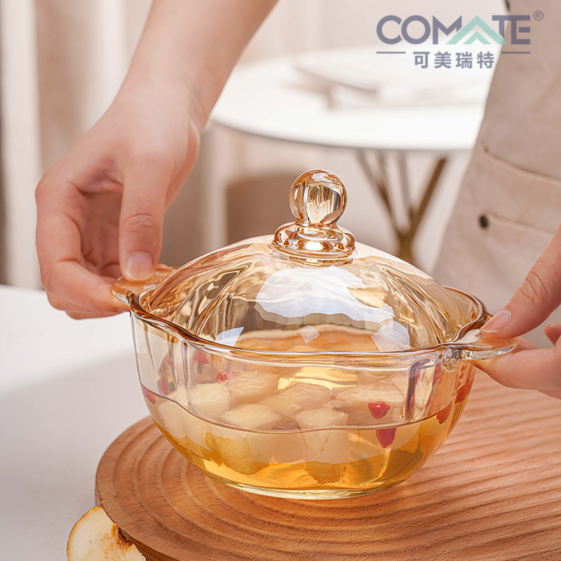 【Kemeirui】High-Endurance Amber Plum Shaped Double Ears Glass Soup Bowl with 800ML Capacity and Glass Lid