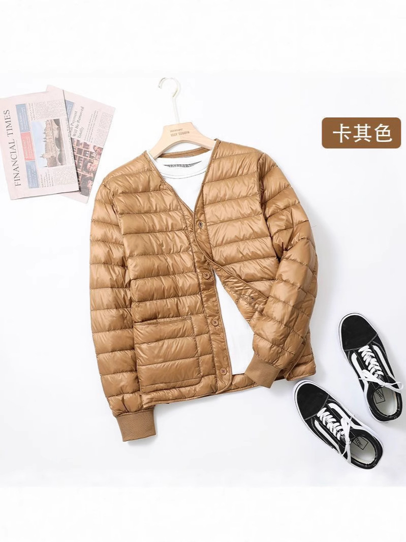 Chaqueta de pluma transfronteriza para hombres corta delgada invierno gruesa calentamiento delgada sin cuello en V chaqueta de forro blanco