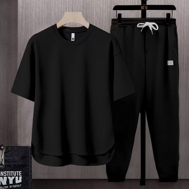 Men's Minimalist Sportswear Set - Breathable Pure Color T-Shirt And Lounge Pants For Casual Street Style_viptrois.com