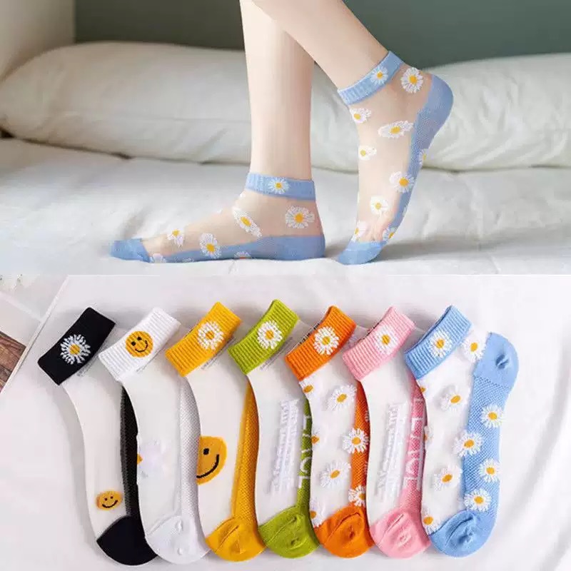 Spring and Summer Daisy Smiley Face Sheer Socks for Women, Transparent Glass Silk Short Socks, Breathable Mesh Boat Socks