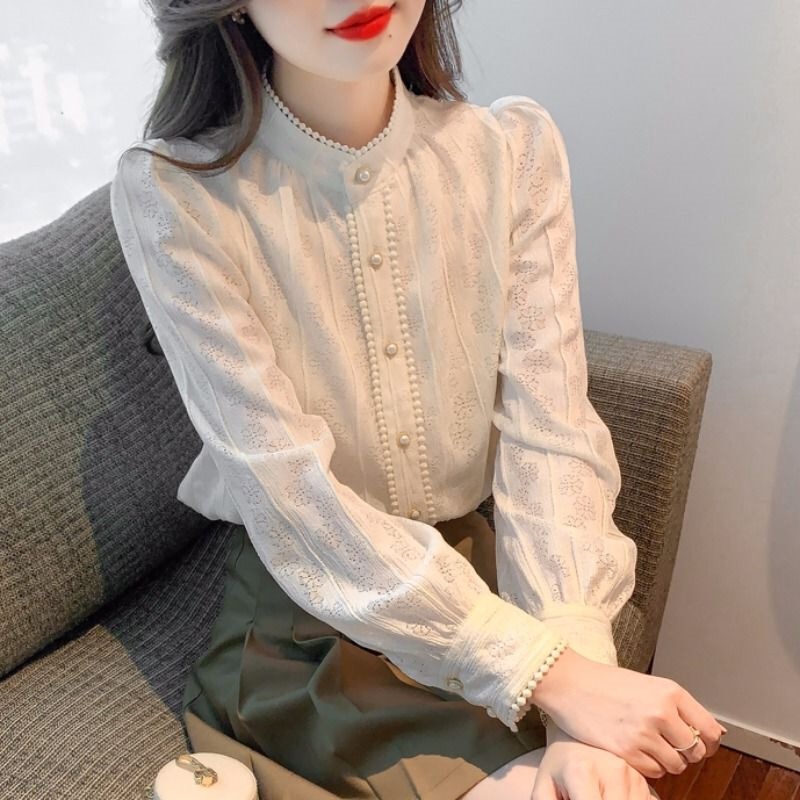 Stand Collar Lace Bottoming Shirt for Women, Spring & Fall Style, Long-Sleeved Chiffon Top, 2025 New Outer Shirt Stand Collar Lace Bottoming Shirt for Women, Spring & Fall Style, Long-Sleeved Chiffon Top, 2025 New Outer Shirt
