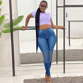 欧美亚马逊wish外贸女装新款时尚撞色拼接紧身弹力铅笔裤牛仔裤女