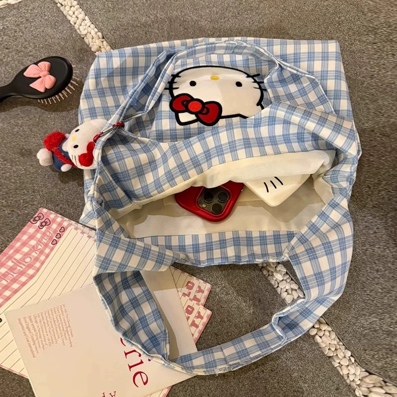 Льняная сумка‑тоут через плечо в клетку, принт Hello Kitty, вместительная летняя сумка, лёгкая