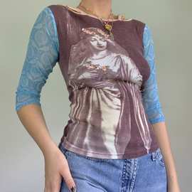 欧美女装夏季新品抽象网纱印花透视长袖T恤套头圆领打底衫上衣女