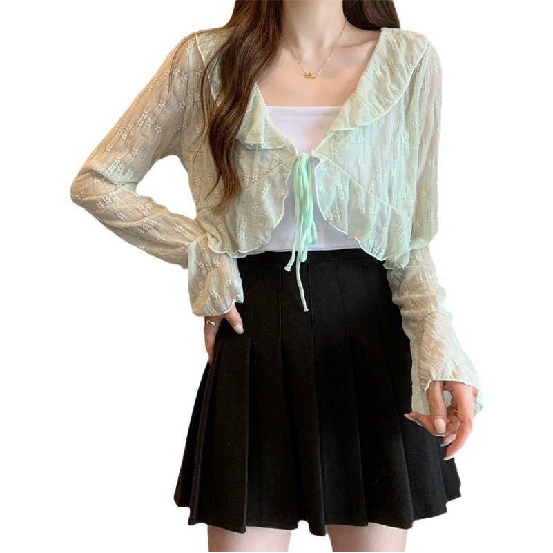 Сладкая шитая Солнцезащитная одежда с рюшами, Женский Летний Тонкий розовый кардиган, дизайнерская блузка Sense, короткое пальто, Топ