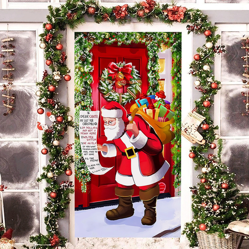 2025 Amazon New Cross-Border Christmas Holiday Printed Door Curtain Santa Claus Courtyard Decoration Door Hanging Door Cover