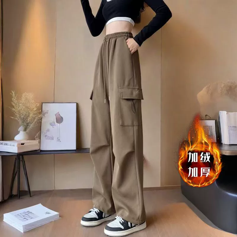 Дизайнерские плюшевые толстые комбинезоны женские осенние и зимние новые брюки прямые брюки дикие теплые брюки повседневные длинные брюки
