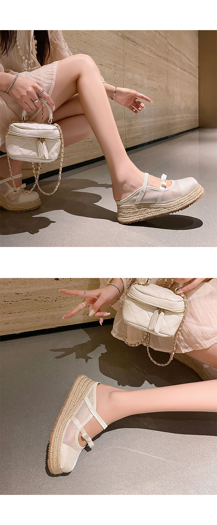 Xăng đan gót xuồng dệt đế dày 5cm bít mũi lưới phong cách nghỉ dưỡng — Lưới kim cương nóng, Lưới chấm bi, Lưới chi tiết 26