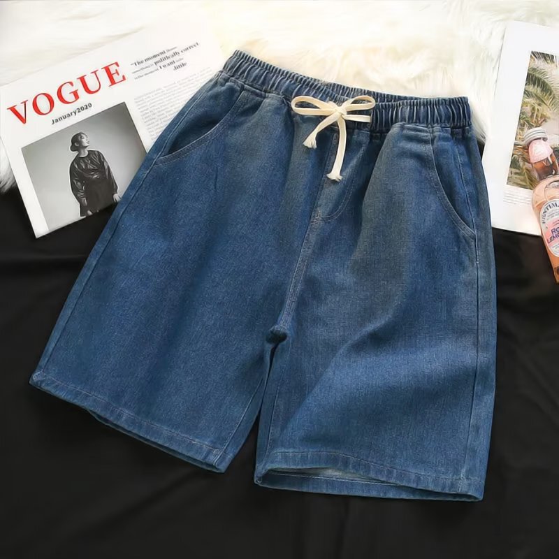 Elastic Waist Denim Shorts for Men, Summer Thin Loose Straight-Leg Mid-Length Pants, Korean Style Bf Trendy Casual Plus-Size Five-Point Pants Elastic Waist Denim Shorts for Men, Summer Thin Loose Straight-Leg Mid-Length Pants, Korean Style Bf Trendy Casual Plus-Size Five-Point Pants