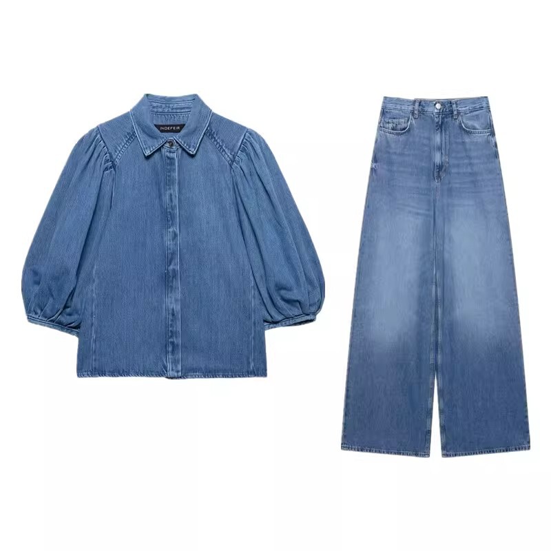 European and American Style Foreign Trade 2025 Spring/Summer New Women's Fashion Design Short-Sleeve Denim Shirt Top and Wide-Leg Pants Set