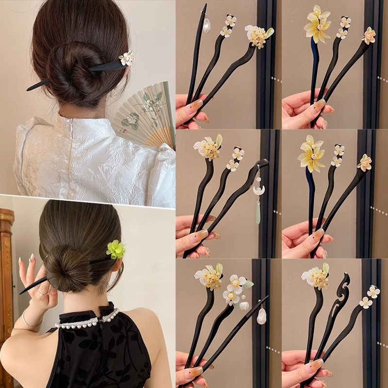 Clipper de cabello de estilo antiguo para mujeres nuevas flores chinas de madera bandeja clipper de cabello chino cheongsamos pasos agitando clipper de cabello tocado